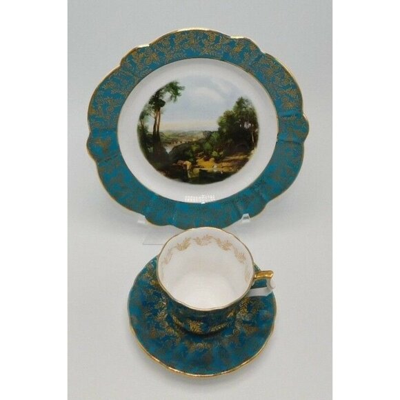 Royal Windsor Bone China Green & Gold Leaves Teacup Saucer Plate Set - Picture 4 of 10